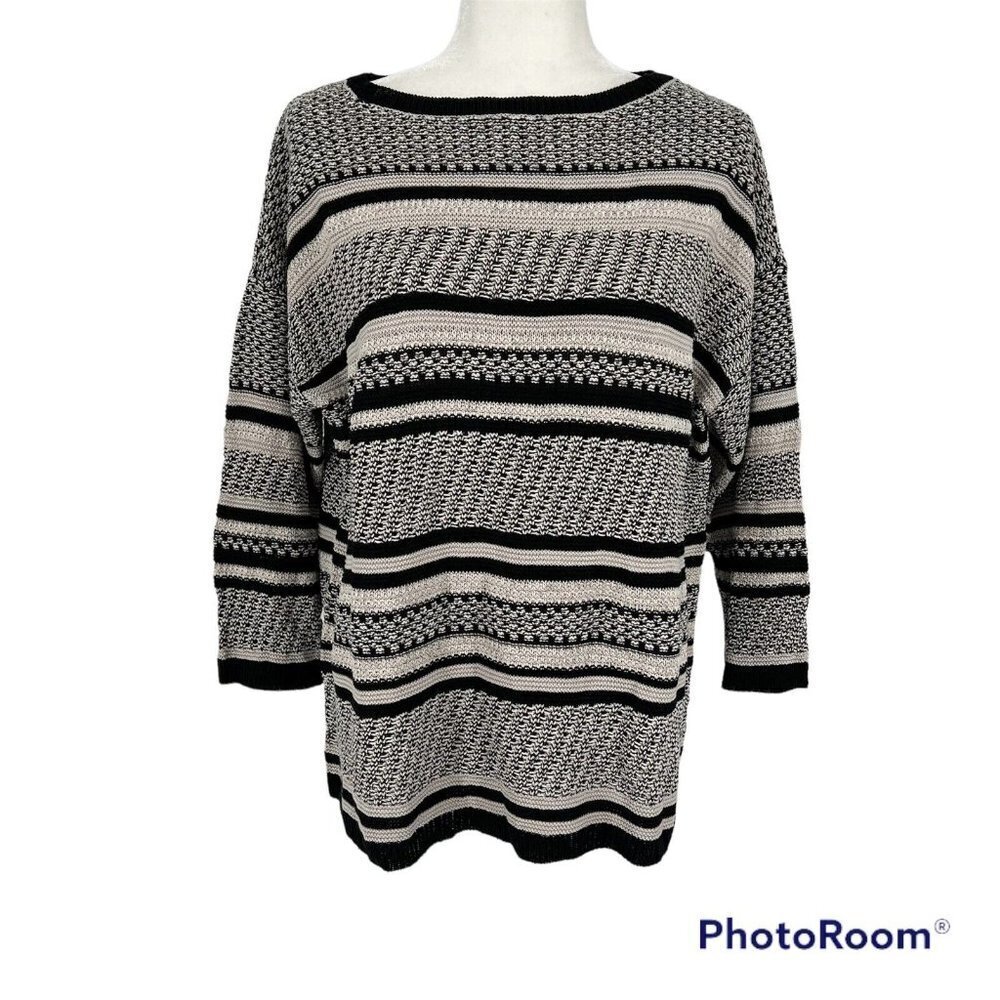 J Jill Sweater Womens Medium ‎ Black Ivory Textured Stripe Scoop Neck Pullover